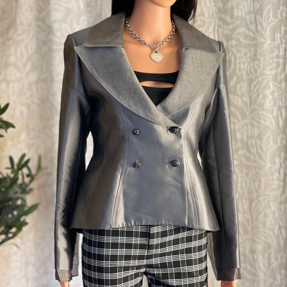 Vtg 90s André Raphael Alta Moda 100% Silk Metallic Gray Fitted Blazer Jacket 8 - Picture 2 of 9